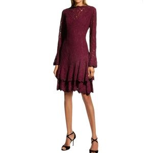 Shani Double Ruffle Lace Midi Dress 12 Red Bell Sleeve Fairy Whimsical Classy